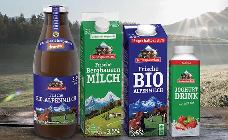 Nachhaltige Verpackungen der Bergbauernmilch Produkte