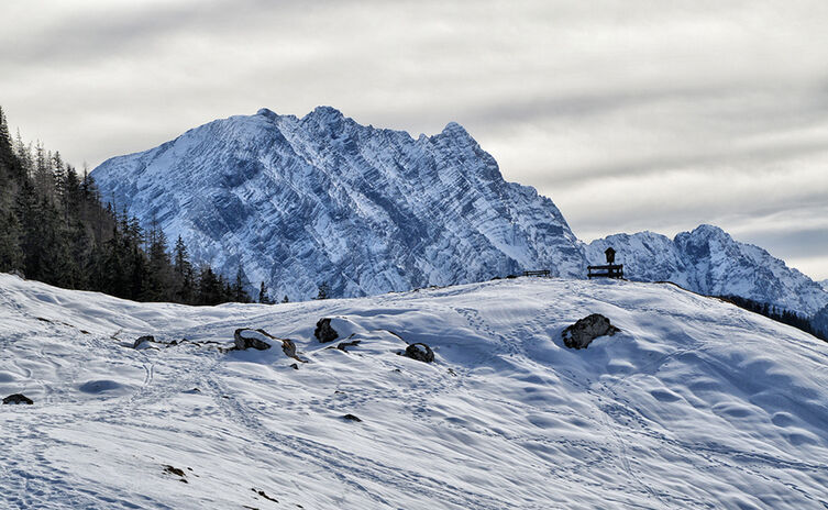 Blick von der Mordaualm zum Watzmann im Winter