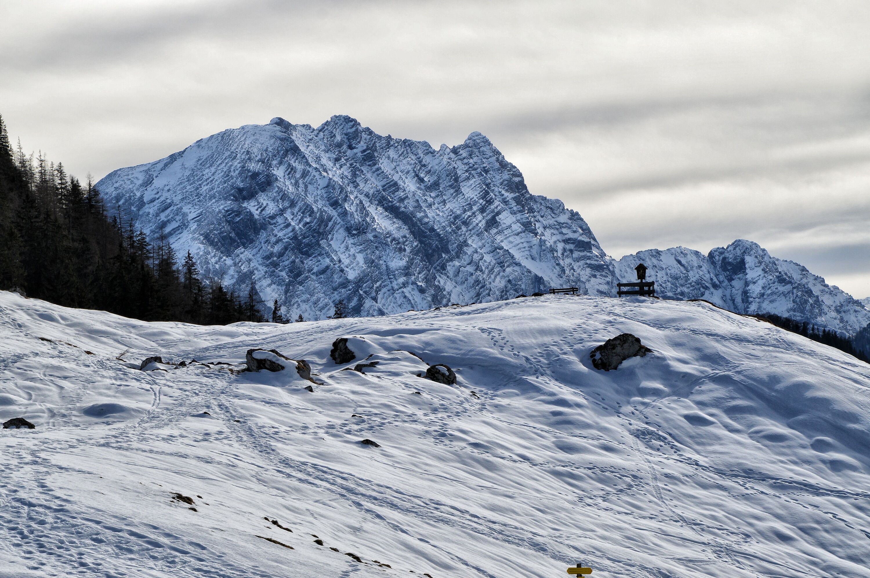 Blick von der Mordaualm zum Watzmann im Winter