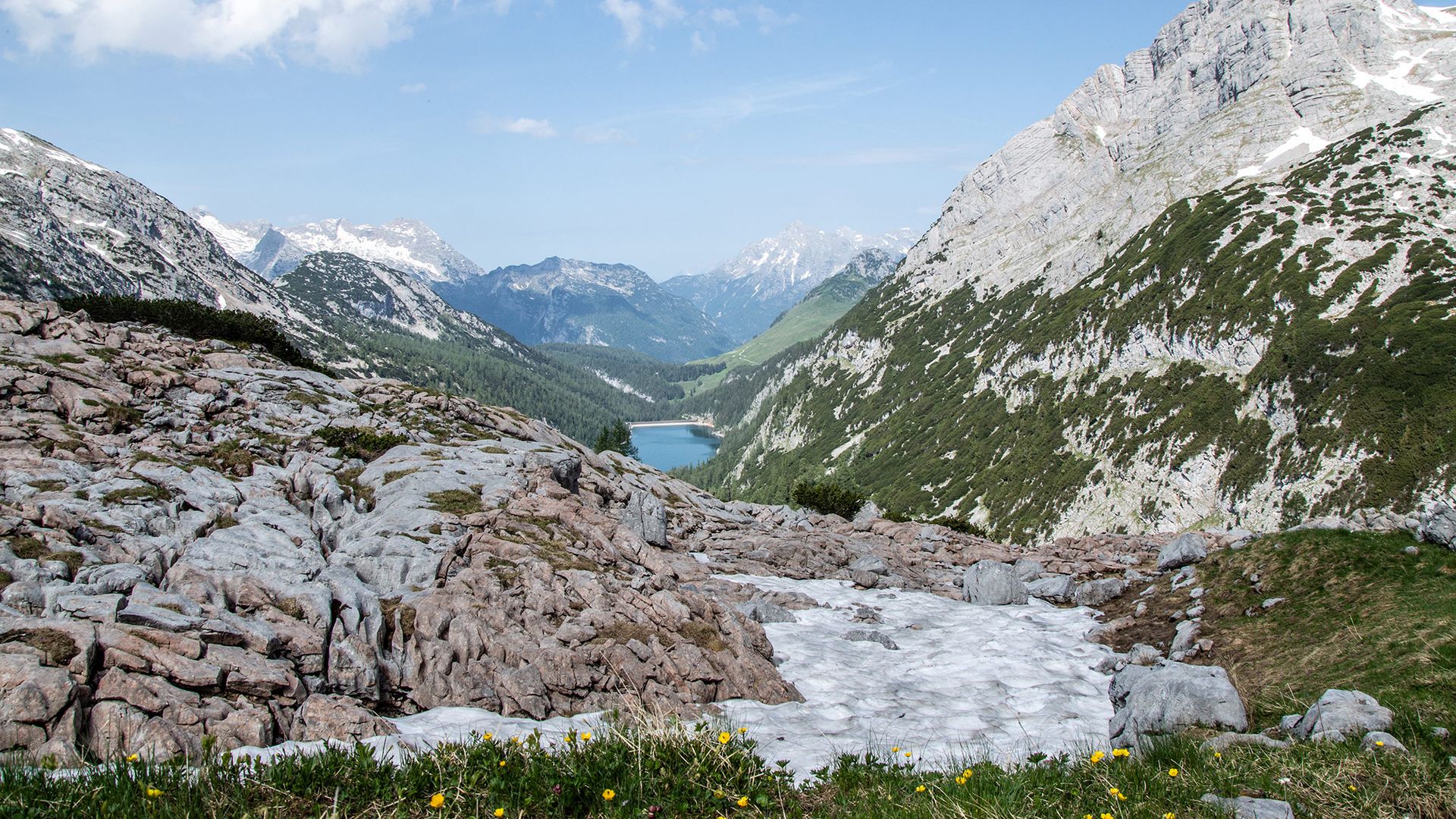 Blick zum Dießbach-Stausee im Aufstieg zum Ingolstädter Haus