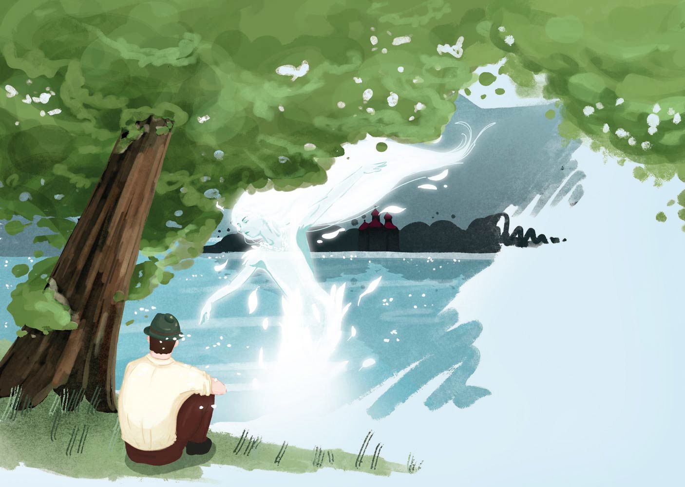 Der Schwan verwandelt sich in die schöne Jungfrau, die dem Jäger hilft