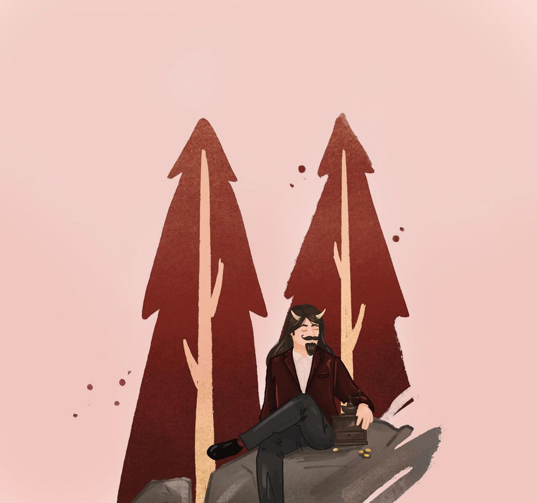 Der Teufel versucht den Jäger mit geformten Goldstücken aus Stein den Jäger zur locken